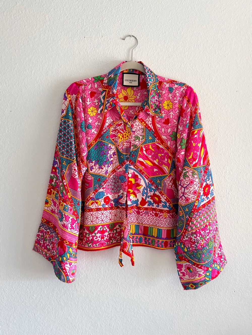 Silver Jeans Hot Pink Multicolor Patchwork Floral Tie-Front Blouse